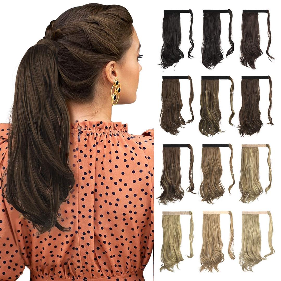 SOFEIYAN Curly Ponytail Extension 15 Inch Heat Resistant Synthetic Natural Wavy Hairpiece Wrap Around Pony Tail Hair Extensions for White Black Women Hair Piece, Darkest Brown/Light Auburn Mix (15 Inch (Pack of 1))