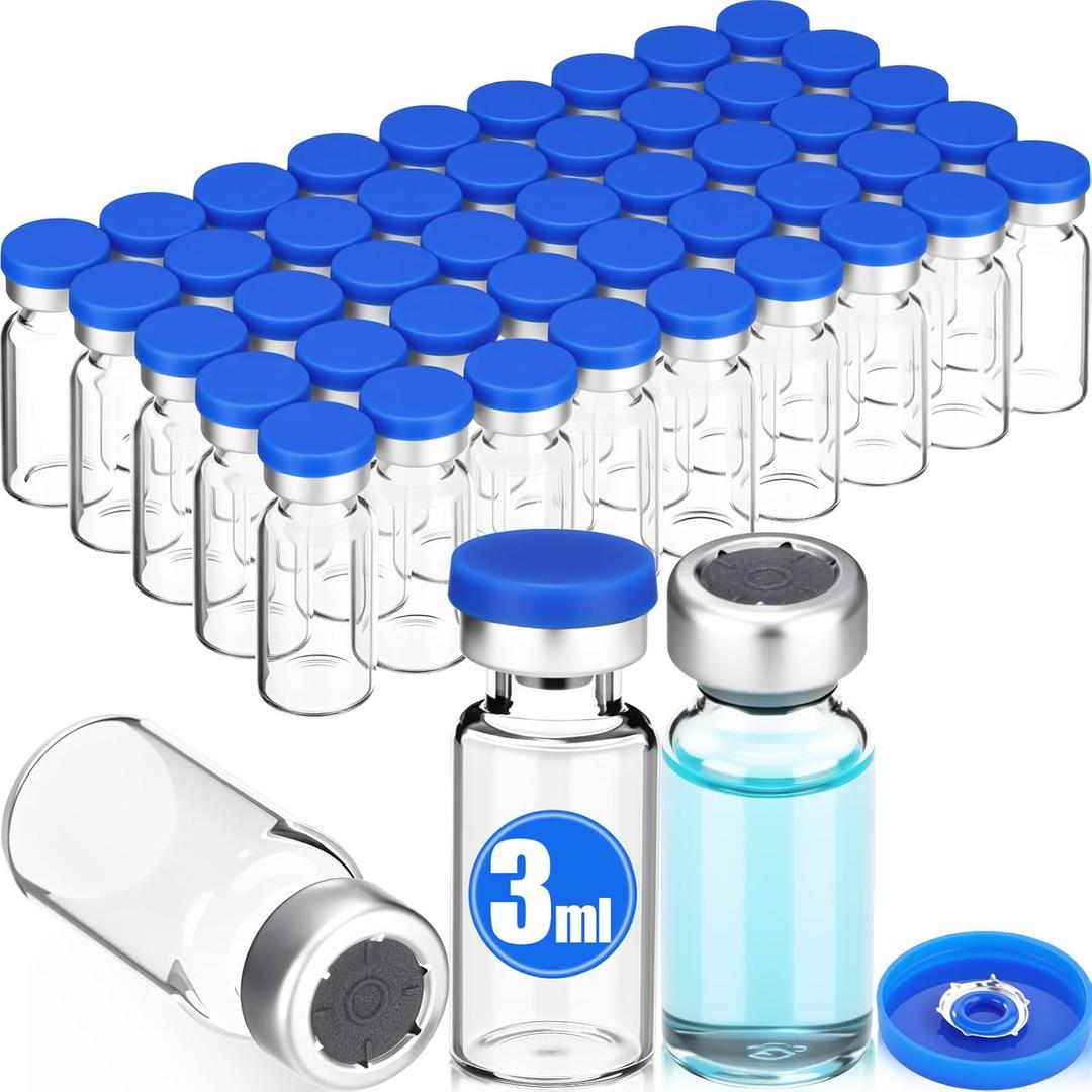 50 Pcs 3ml Sealed Sterile Empty Vials with Self Healing Injection Port Clear Glass Empty Vials with Plastic-aluminum Flip Cap and Rubber Injection Stoppers Flat Bottom Lab Vial (Blue Lid)