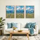 BICERE Large Blue Seaside Wildflower Framed Canvas Wall Art,Modern Nature Ocean Wall Decor,Rustic Sky Printing,White Cloud Landscape Artwork for Living Room,Bedroom,Dining Room-24"x36"x3