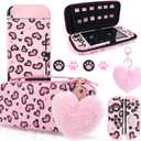 DLseego Pink Love Leopard Carrying Case for Switch, Cute Silicone Protective Shell Soft Cover with 4PCS Thumb Grip Caps and Pink Plush Heart Pendant Hard Storage Case Accessories Kit Bundle for Girls (Switch 1 6.3inch)