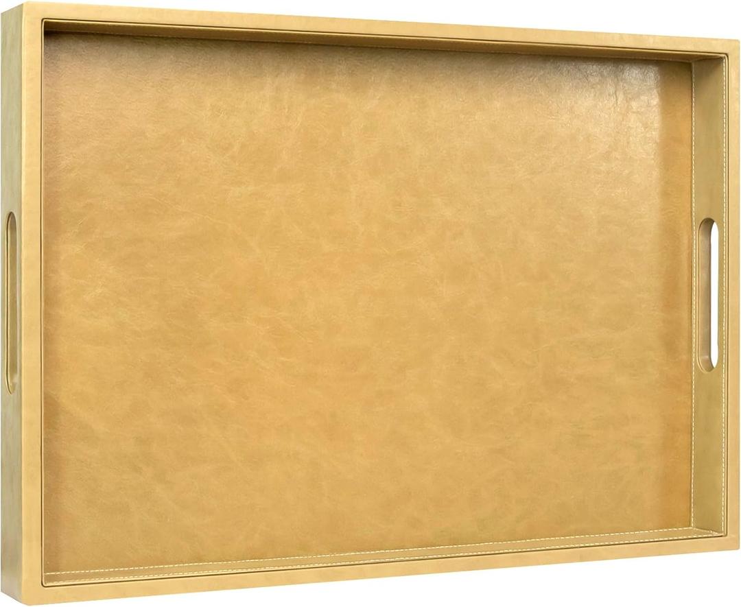20 x 14 inches Leather Rectangle Serving Tray with Hole Handles,High-End Light Large Service Tray for Ottoman Tray, Tea, Food, Butler - Countertop, Kitchen,Family Dinner, Picnic (Brown)