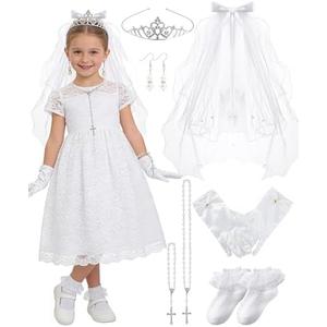 PartyforU First Communion Accessories Set - White Veil Costume Kit for First Communion Dress Up Wedding Bridal Shower, Pack of 2