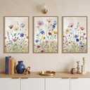 Aurlan Boho Watercolor Wildflower Framed Canvas Wall Art Set-24“x36 x3
