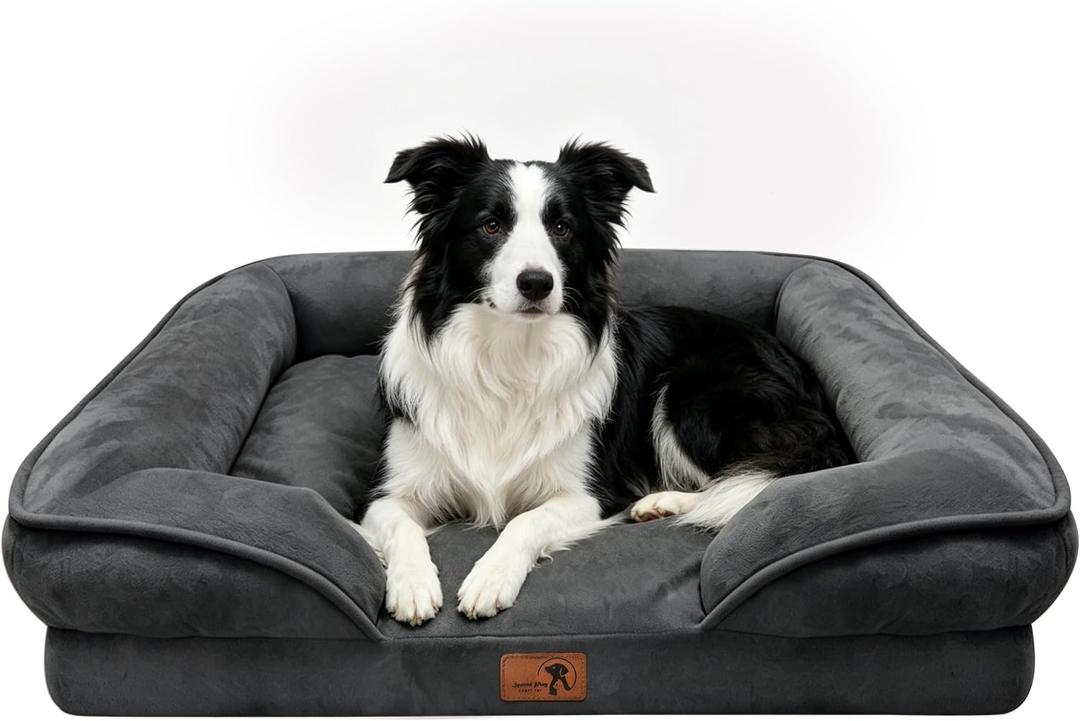 Spotted Play Orthopedic Dog Bed with Sides - Sofa Beds for Large Dogs, Supportive Foam Pet Couch Bed with Washable Removable Cover, Waterproof Lining and Non-Slip Bottom, Dark Grey - L 35.0"L x 25.0"W x 6.5"Th