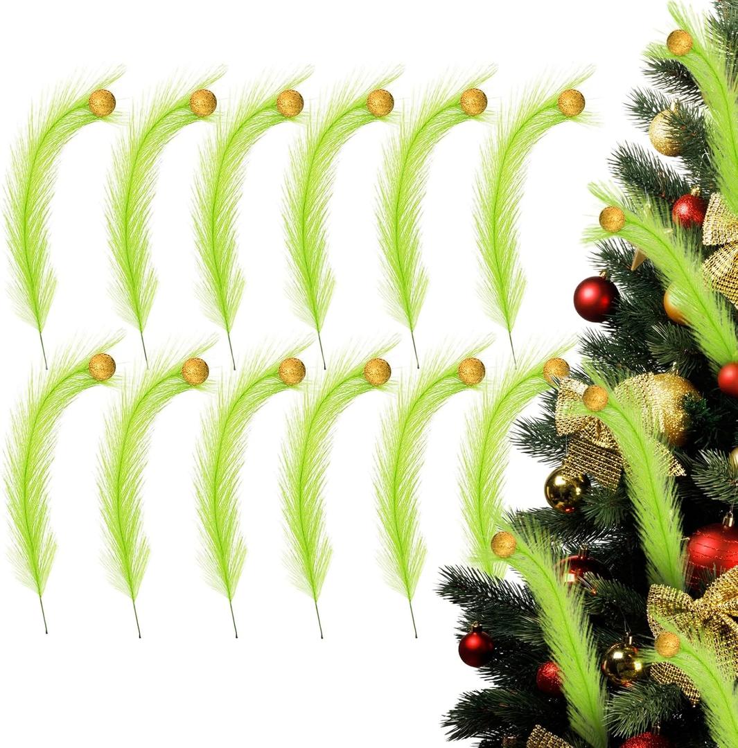 12PCS Christmas Tree Topper, 17 Inch Christmas Tree Decorations Green Curly Xmas Tree Picks with Gold Balls Elf Ornaments Stems for Xmas Tree Decor Wreath Party Gift