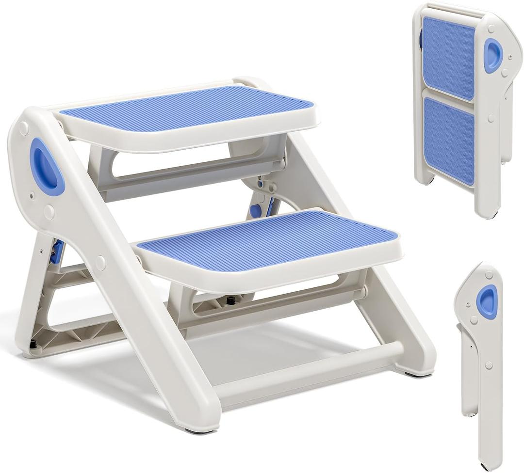 Foldable Toddler Step Stool for Bathroom Sink - 2-Step Kids Stool for Potty Training, Kitchen Counter & Bedroom, Sturdy Non-Slip Child Safety Stool Helper (Blue)