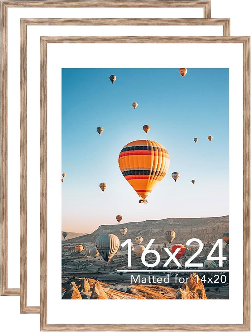 JCJMY 16x24 Picture Frame with Mat for Poster Photo and 40x60 cm Canvas, Display 14x20 with Mat or 16 x 24 without, Wood 16 by 24 Wall Gallery Poster Photo Frame, 3 Pack, Rustic Brown