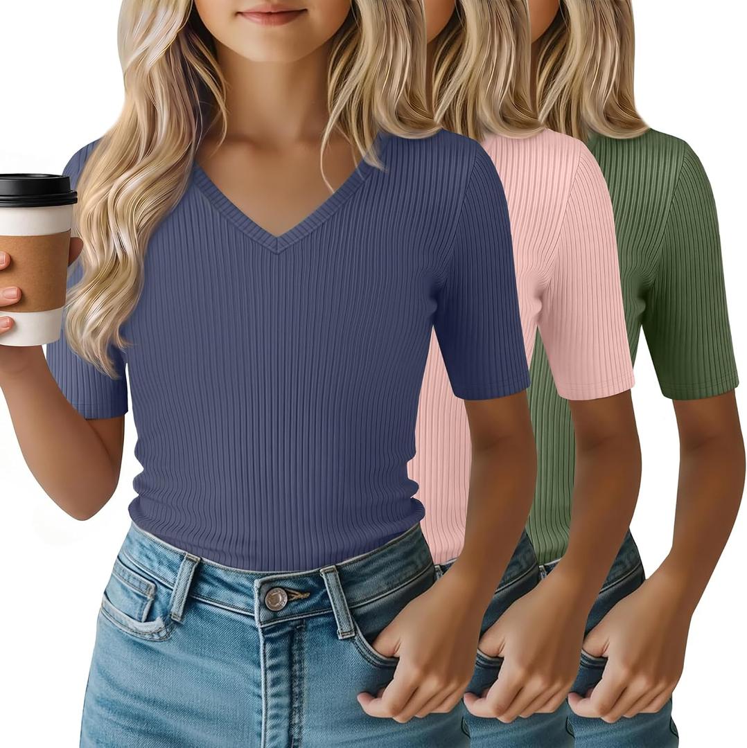 3 Pack Girls Short Sleeve Slim Shirts | V Neck Tops, Ribbed Knit, Cute, Casual, Tight, Basic, Solid, Plain, Summer, Layer, Comfortable, Versatile, Breathable