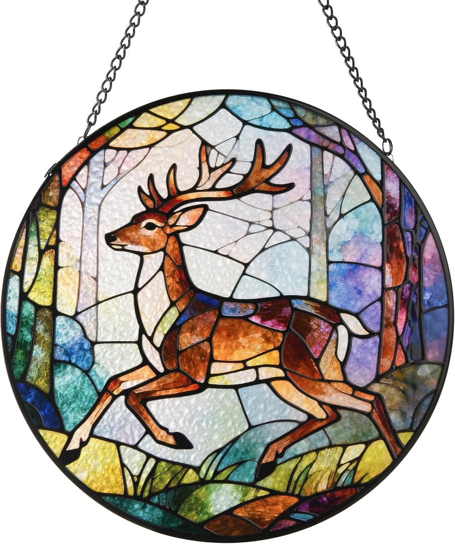 Stained Glass Window Hanging, Deer Circular Sun Catcher Ornament with Chain & Suction Cup, Suncatcher for Garden Door Home Decor, Birthday Gifts for Women Men Mom 7.8 in