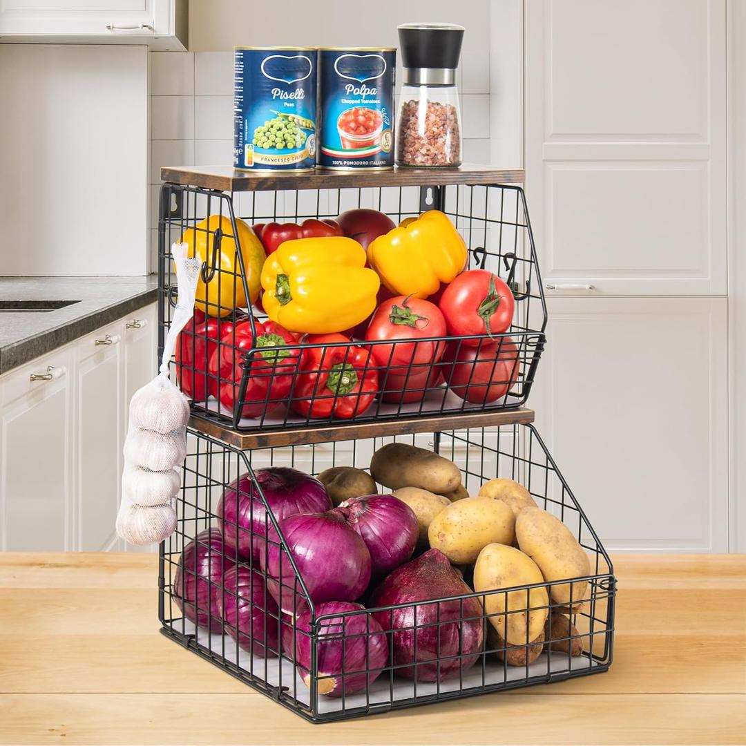 Mefirt Fruit Basket, Stackable Wall Mounted Fruit Baskets, Potato Baskets Onion Storage for Kitchen, Hanging Wire Basket with Wood Lid, 2-Tier Vegetable Organizer Kitchen Countertop Organization (Large x1+ Extra Large x1, Brown)