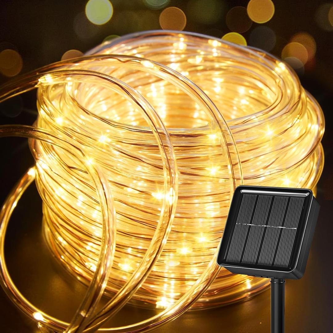 Brightown Solar Rope Lights, 39FT 100LED Outdoor Solar String Lights, IP65 Waterproof Solar Powered Fairy Lights with 8 Lighting Modes for Party Garden Yard Home Holiday Tree Decoration, Warm White