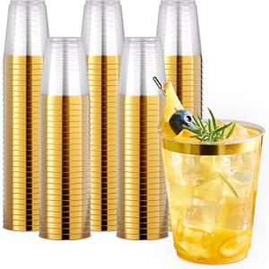 JOLLY CHEF 200 Pack 10 oz Gold Plastic Cups Elegant Gold Rimmed Disposable Cups Heavy-Duty Party Cups for Wedding & Party