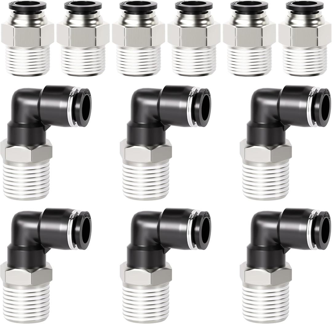 TAILONZ PNEUMATIC Elbow and Straight Combination 1/4 Inch Tube OD x 3/8 Inch NPT Thread Push to Connect Fittings PC-1/4-N3+PL-1/4-N3(Pack of 12)