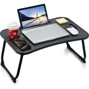 Laptop Bed Desk, Foldable Lap Desk, Portable Lap Table, Laptop Stand with Cup Holder, Tablet Slot & Lifting Handle for Work, Write, Draw & Eat on Bed, Sofa or Couch - Black