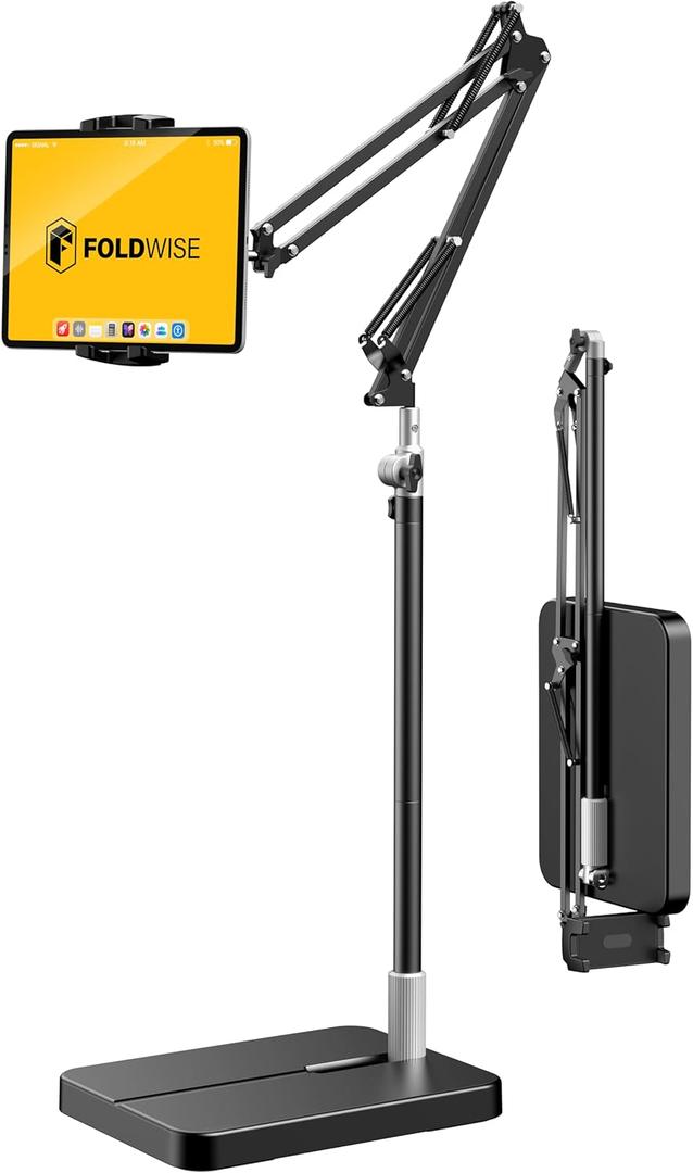 FoldWise Foldable iPad & Tablet Floor Stand - Sturdy 11lb Metal Weighted Base, 360 Rotation, Height & Angle Adjustable Kindle Holder for Bed & Couch - Fits iPad Pro/Air/Mini, Kindle, Switch, Phone