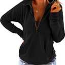 Floral Find Women's Long Sleeve Lapel Half Zip Up Sweatshirt Solid Stylish Loose Fit Casual Pullover Tops (Black, M)