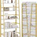 JSB 5 Tier Bookshelf, No Assembly Folding Ladder Bookshelf, 51.6in Tall Foldable Ladder Shelf, Bookcase for Home Office, Living Room,Space-Saving (White & Gold, 5 Tier)