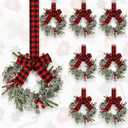 Hoteam 8 Pcs Mini 9 Inch Mini Christmas Cabinet Wreath with Frosted Cedar, Red Berry and Red and Black Check Bows Norfolk Pine Needle Artificial Kitchen Winter Xmas Home Decor Rustic Holiday Garland