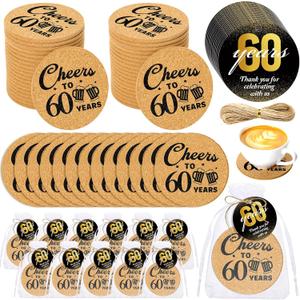 Sieral 50 Sets 60th Birthday Party Favors for Guests Cheers to 60 Years Anniversary Cork Coasters with Cards Twine and Organza Gift Bags Sixty Years Party Favor Decoration Supplies
