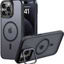 Designed for iPhone 15 Pro Max Case, Compatible with Mag-Safe, Frosted Translucent Slim Case with Built-in Aluminum Alloy Lens Bracket, Military-Grade Drop Protection with Airbag Corners, Black