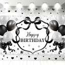 6 x 3.6 ft Black Bow Birthday Decorations Backdrop Black and White Party Decor Bow Happy Birthday Banner Backgrounds Backgrounds for Girls Women Baby Shower Photo Props Bachelorette Supply