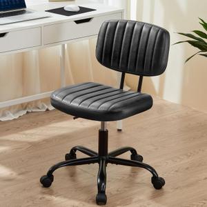 Sweetcrispy Small Office Desk Chair - Armless PU Leather with Comfy Lumbar Support, Height Adjustable Rolling Swivel Task for No Arms, for Adult, Student, Bedroom, Home, Vanity, Black, 16.33" X 18.11" X 34.25"