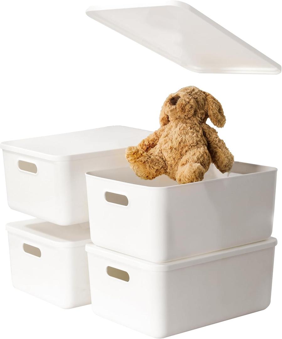 4 pack large plastic White storage bins with Lids, Toy Box Chest with HandleOrganizer Containers Baskets for Baby,NurseryShelvesPlayroom, BedroomOffice,Closethome (White, 4M)