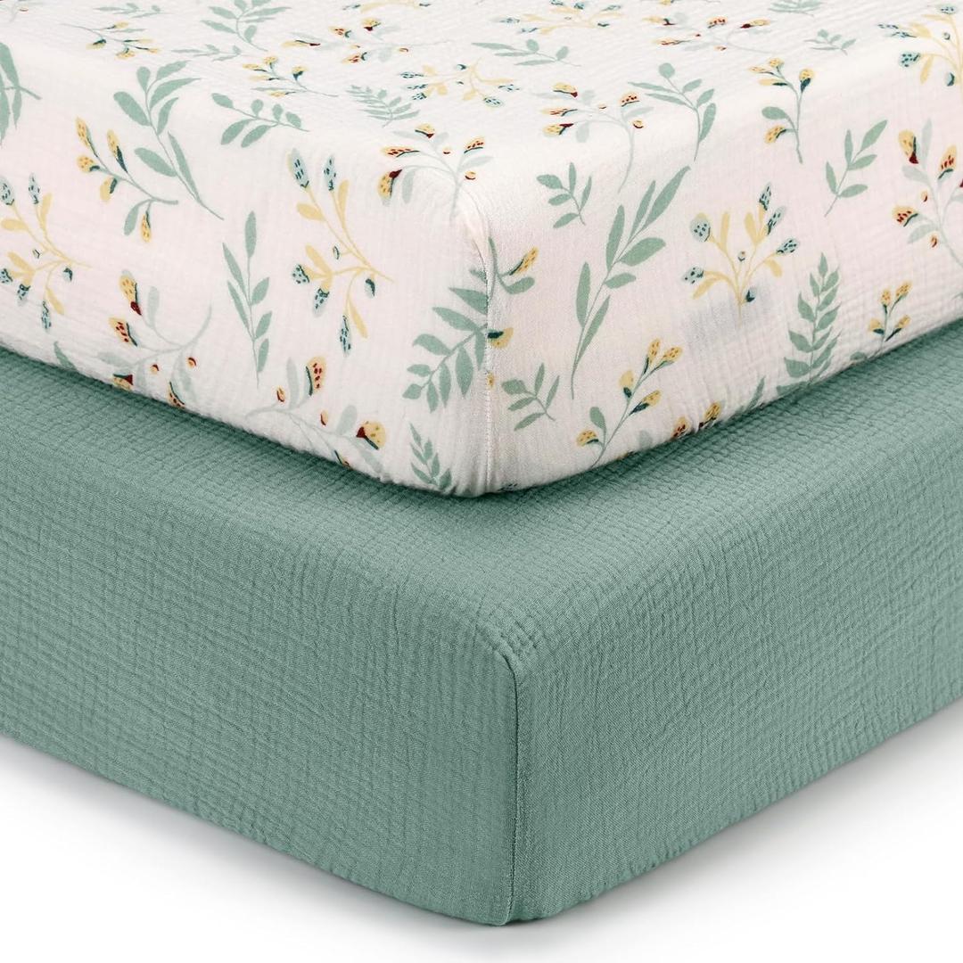 Blissful Diary Muslin Crib Sheets for Girl Boy, Boho Neutral Soft Cotton Baby Sheet for 52''x28'' Standard Crib Mattress, 2 Pack(Roman Green&Leaf)
