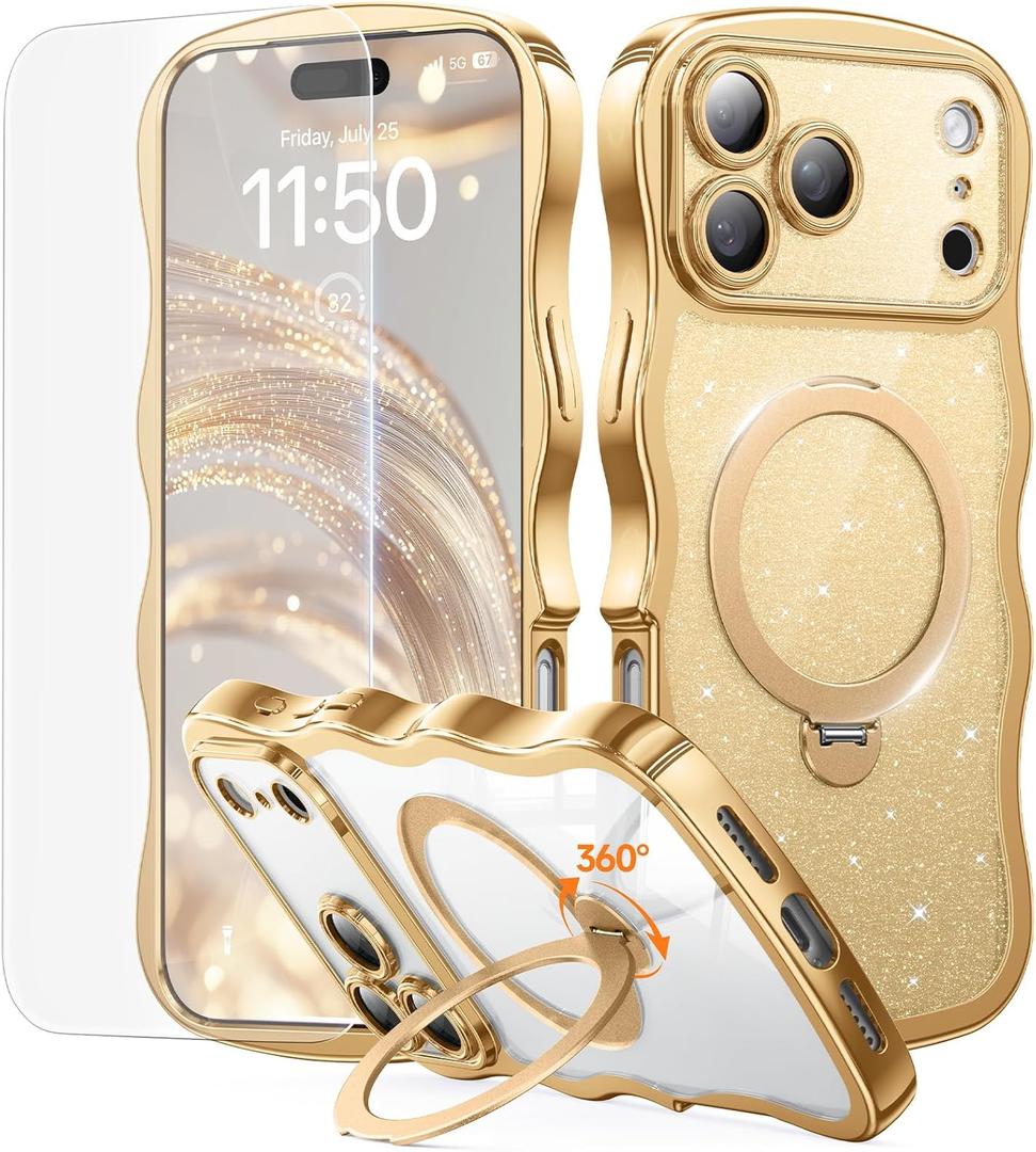 3 in 1 for iPhone 17 Pro Max Case with 360 Spin Magnetic Stand, 1X DIY Glitter Cardstock +1X Screen Protector, [Fit for Magsafe]Cute Wavy Trendy Glossy Clear Phone Cover for Women Girls 6.9", Gold