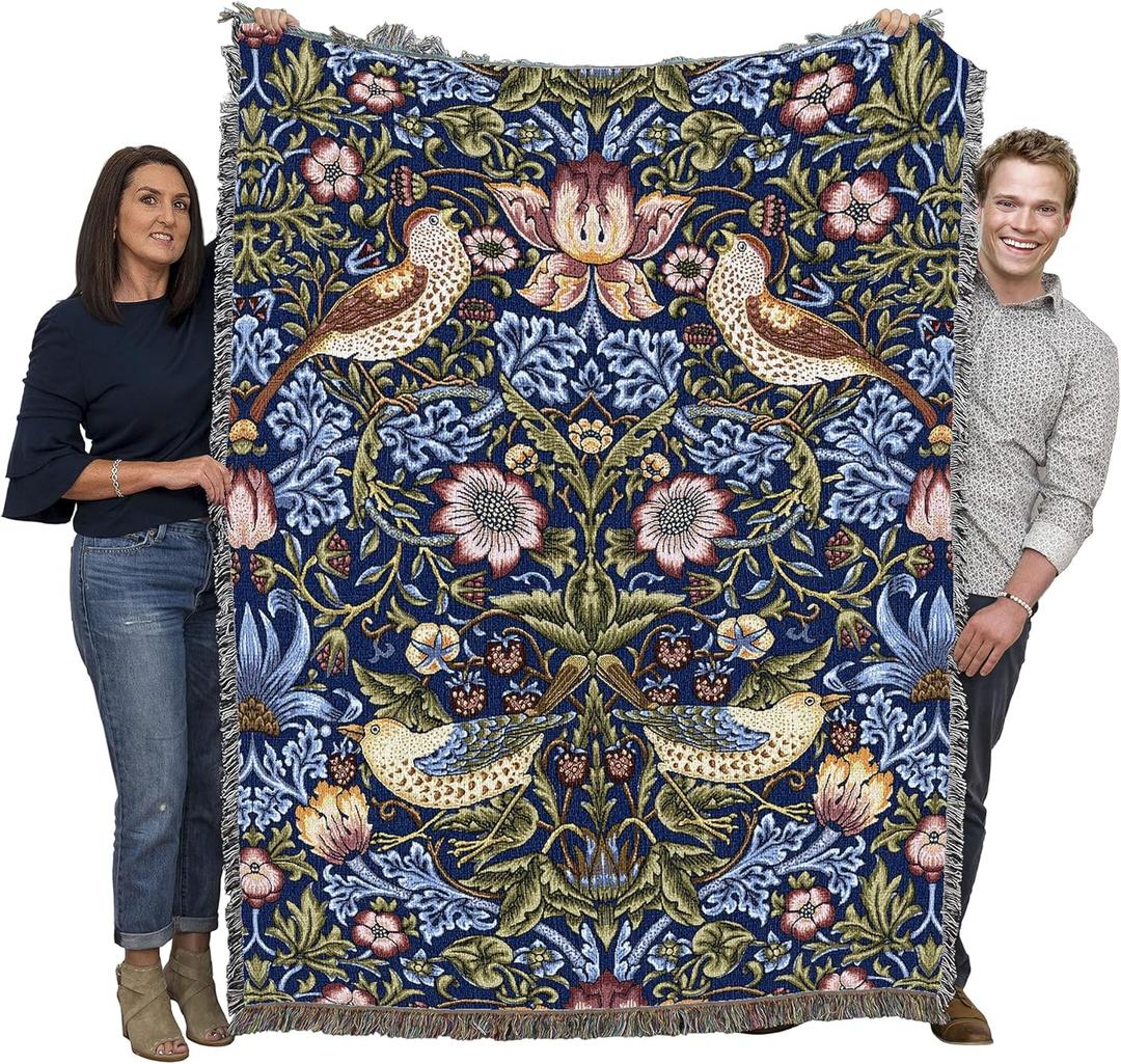Pure Country Weavers William Morris Strawberry Thief Indigo Blanket - Arts & Crafts - Gift Tapestry Throw Woven from Cotton - Made in the USA (72x54) (Large)