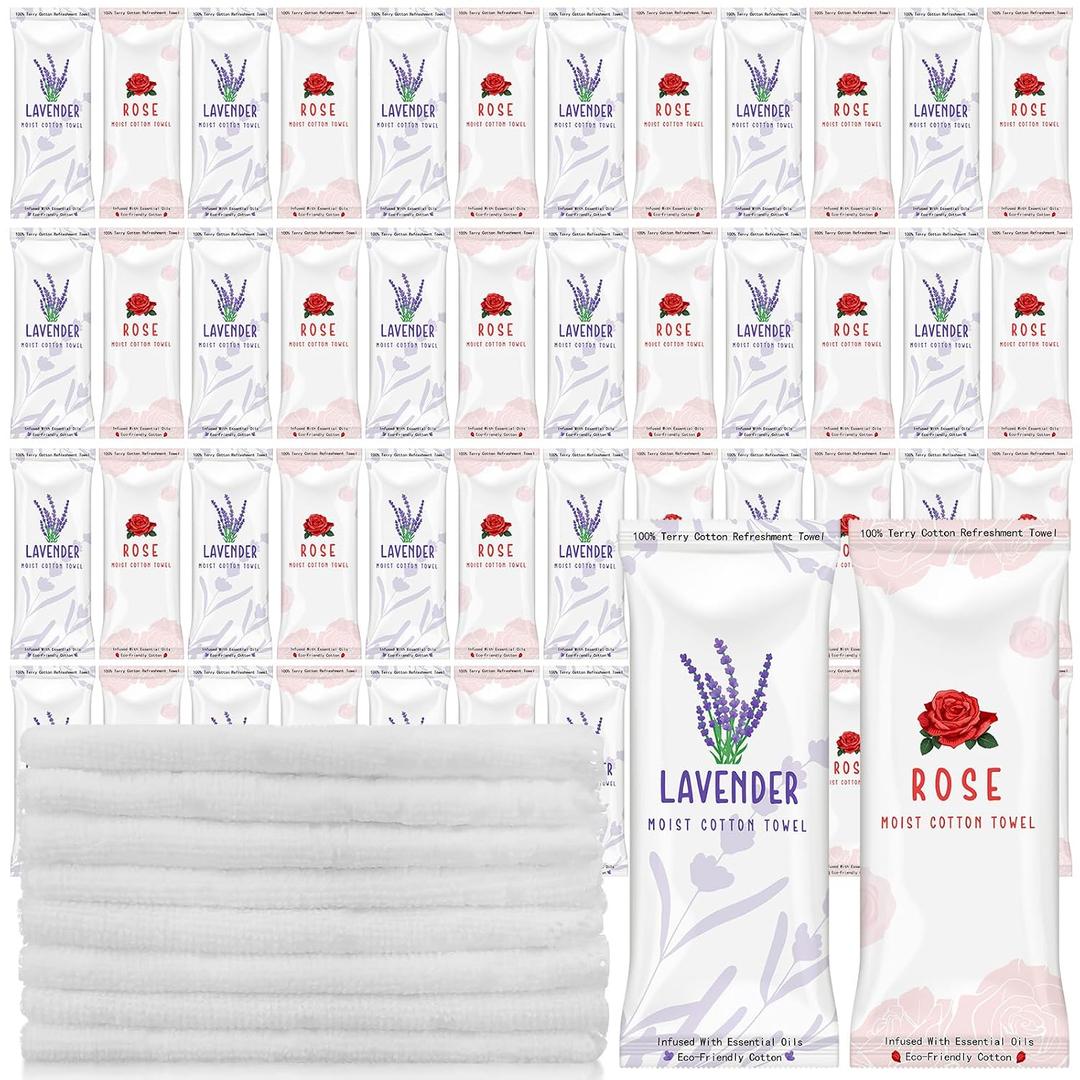 Timgle 50 Pcs Moist Towelettes Individually Wrapped Scented Disposable Face Towels Essential Oil Infused Moist Terry Cotton Towel for Use Hot or Cold Travel Body Spa(Rose, Lavender)