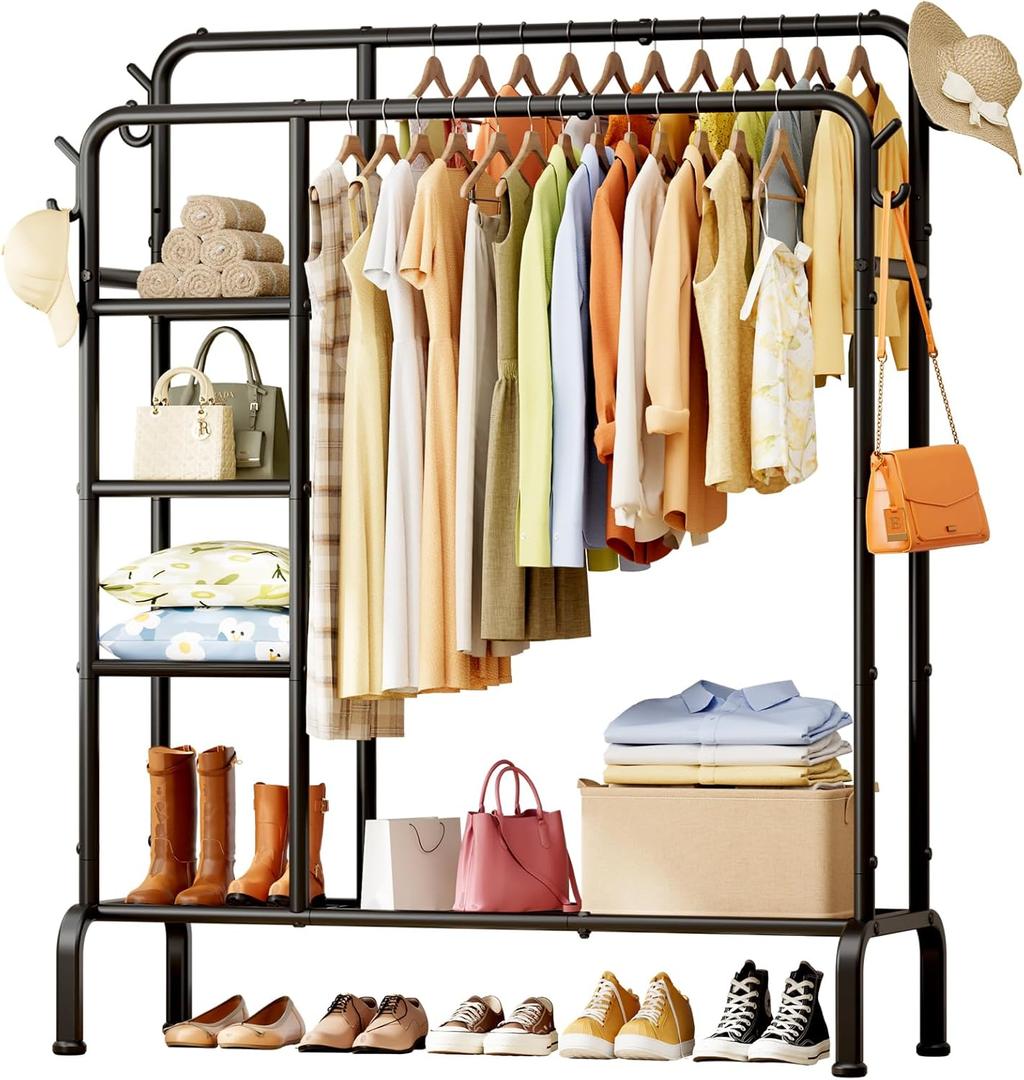 Sakugi Clothes Rack - Double-Rod Clothing Rack with Built-In Hooks & Shelves, Multi-Functional Wardrobe Closet for Bedroom, Living Room, Entryway, 41.3" x 15.3" x 59.8", Black