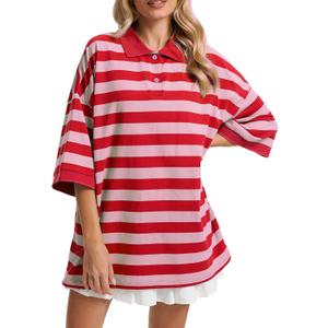 Womens Striped Polo T-Shirts Oversized Short Sleeve Top Cotton Color Block Loose Basic Tee Casual Tunics Summer Spring Tops (XS)