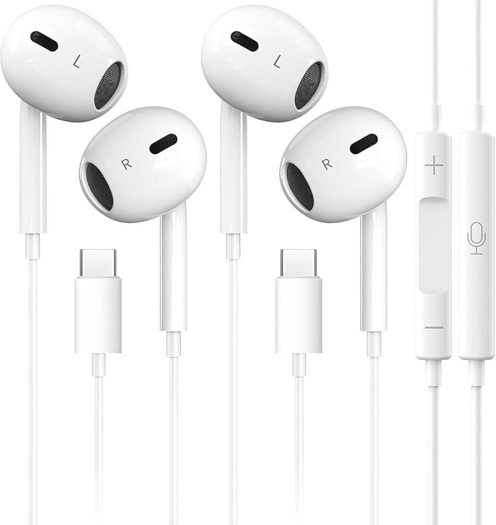 2 Packs USB C Headphones for iPhone 17 16 Earbuds with Mic & Volume Control HiFi Stereo Type C Earphones for iPhone 17 16 15 Pro Max, for Galaxy S23/S22/S21/S20/Ultra Note 10/20, for Pixel 7/6/6a/5/4 (White)