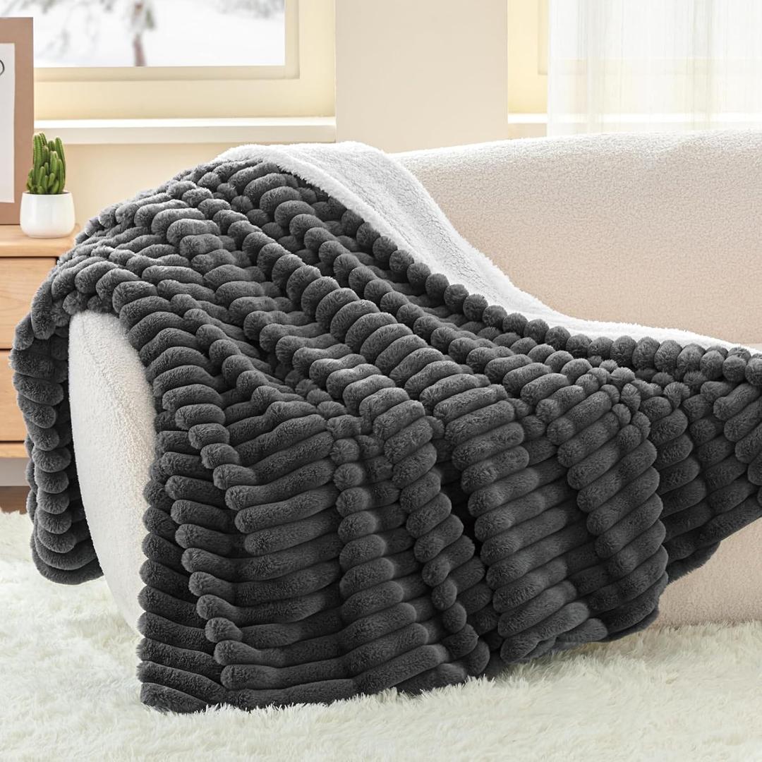 INFIIXSO Sherpa Throw Blanket for Couch - Super Soft & Warm Striped Fleece Blanket, Cozy Plush Fluffy Blanket All Season Use (Grey, 50x60 Inches)