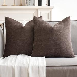 MIULEE Pack of 2 Decorative Throw Pillow Covers Soft Chenille Throw Pillows Solid Neutral Farmhouse Textured Cushion Covers for Couch Sofa Bedroom Living Room 18x18 Inch, Brown