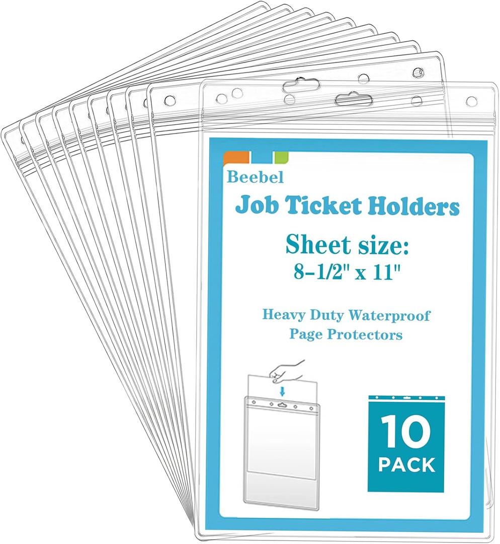 Beebel 10 Pack Job Ticket Holders 8 1/2" x 11" Waterproof Zip Page Protectors Heavy Duty Dry Erase Document Storage Shop Ticket Holders (Clear-Vertical)
