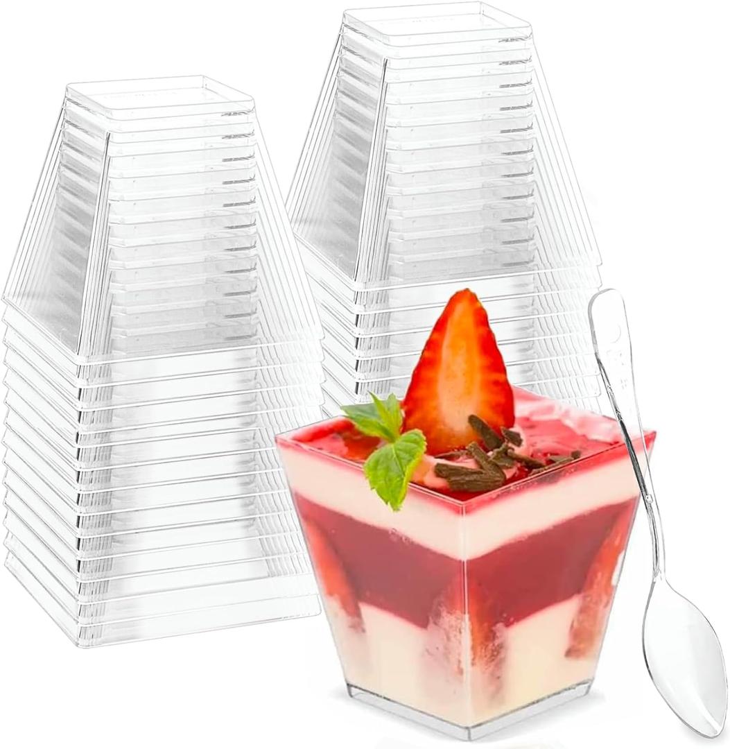 Zezzxu 2 oz Small Dessert Cups with Spoons, 100 Pack Mini Plastic Parfait Cups Reusable Party Serving Shot Glasses for Samples, Jello, Appetizer, Pudding