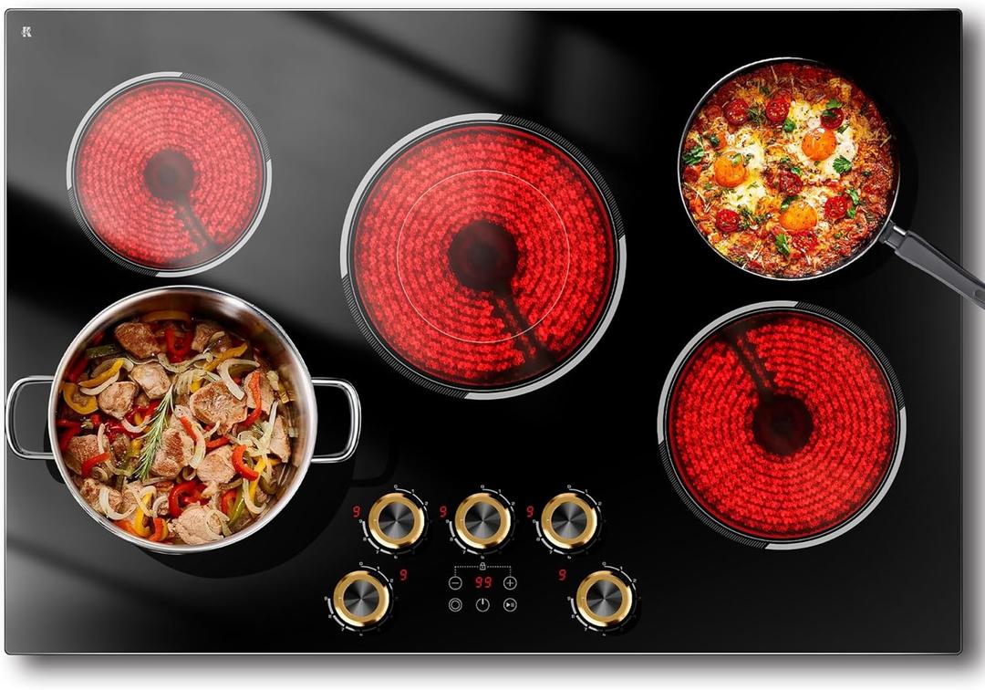 Traenvir 30 Inch Electric Cooktop, 30" Electric Stove 8500W, 5 Burner Ceramic Cook Top Built-in, Knob & Touch Control, Expanded Zone, Child Lock, Pause Function, 220V - 240V Hard Wire, No Plug