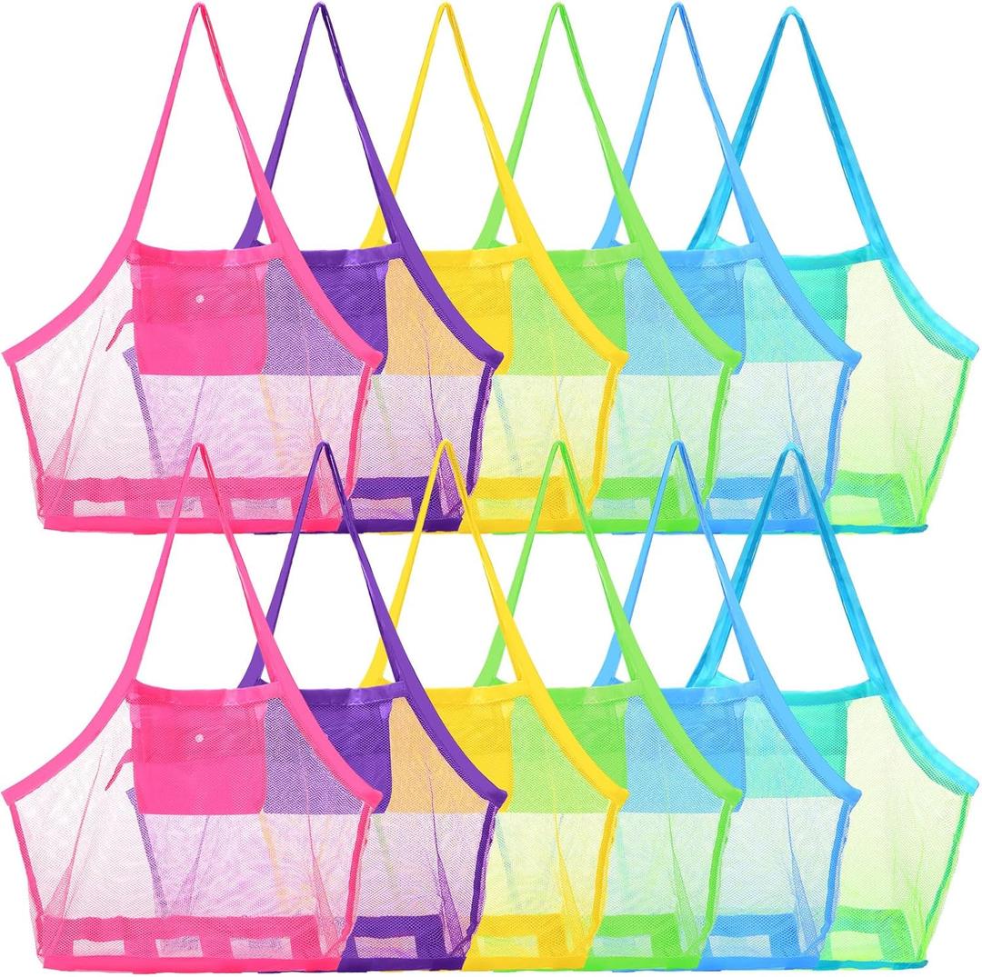 Woanger 12 Pcs Summer Mesh Beach Bag Extra Large Beach Toys Gear Mesh Bag for Beach Foldable Mesh Beach Tote for Kids Sand Toy Market Grocery Picnic Vacation Storage, 18 x 12 x 18''