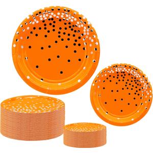 50 Pcs Party Supplies - Orange Silver Dot Tableware Set - 7/9 Inch Paper Plates for Birthdays, Weddings & More