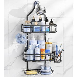 OMAIRA Shower Caddy Organizer Hanging, Adjustable Stainless Steel No Drilling Non-Slip Bathroom Caddy Organizer Storage Shelves for Inside Bath Over Shower Head Rack Holder, Black
