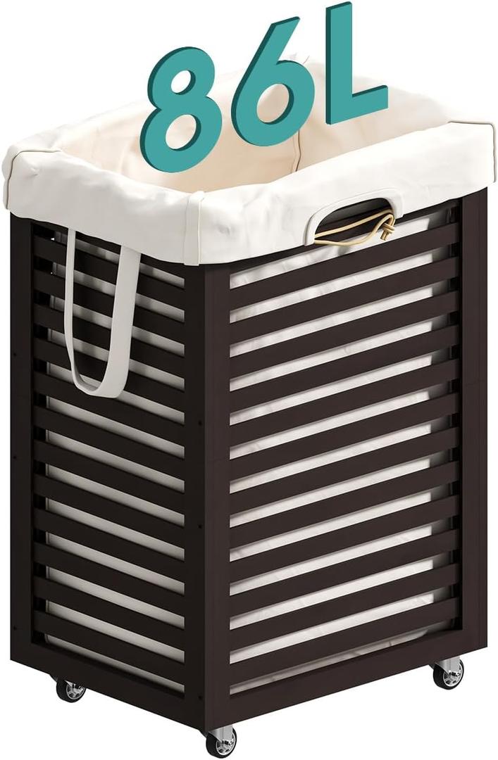 Laundry Hamper with Wheels, 22.7 Gallon (86L) Bamboo Wood Clothes Laundry Basket with Handles, Removable Liner (Brown)