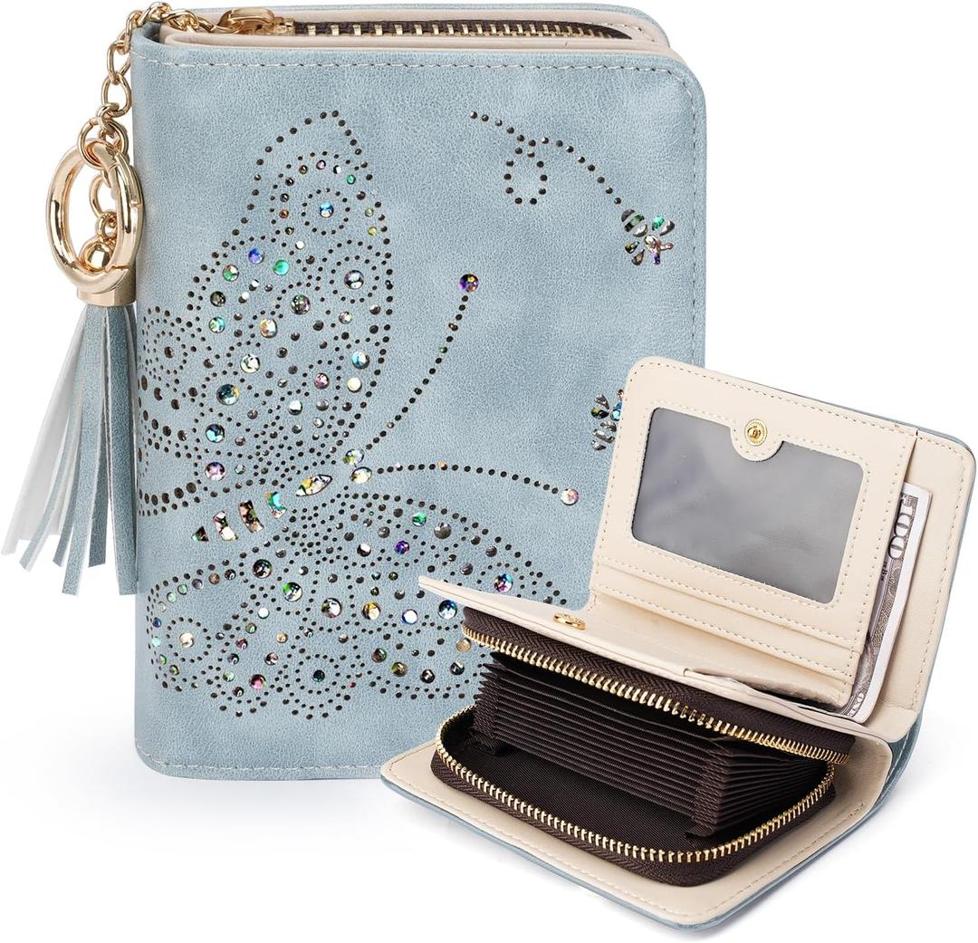 KITEVIUN Women RFID Blocking Small Bifold Wallet, Compact Cash Clutch with Zipper Coin Pocket, Glittery Butterfly Design, Credit Card Holder, Travel Purse with Tassel BLUE