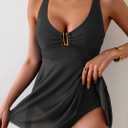 B2prity Women's One Piece Swim Dress Swimsuit Tummy Control V Neck Swimdress Mesh Bathing Suit Skirt U Ring Swimwear (Black, L)