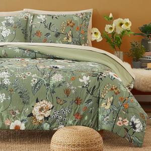 CASAAGUSTO Queen Comforter Set, 7 PCS Green Butterfly Floral Comforter Set with Flowers Leaves Pattern, Soft Seersucker Design All Season Queen Size Bedding Set(90"X90")