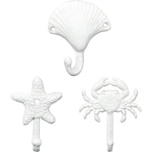 Starfish Seashell Crab Decorative Wall Hooks, 3PCS Beachy Themed Cast Iron Coat Hook, Nautical Metal Wall Mounted Hanger for Towel Robe Scarf Key Bag Cap