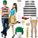 9 Pcs Halloween Monster Couple Costume Include Green Wig, Striped Vest, Glasses, Green Rhinestones Headband, Hair Chain, Gold Earrings, Arm Cuff, Sleeve, Leg Rave for Halloween Anime Character Cosplay