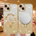 NITITOP Compatible with iPhone 14 Case Cute Clear Glitter [Compatible for MagSafe] Plating Heart Sparkle Bling Magnetic Girl Women Electroplated Frame Camera Protection Back Cover - Gold