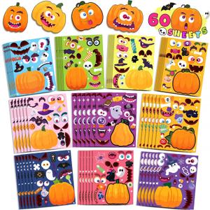 60 PCS Halloween Pumpkin Stickers, Halloween Party Favors for Kids, Make a Pumpkin Face Decorating Stickers with 10 Designs, Art Crafts Party Supplies for Goodies Bags Trick or Treat Activities